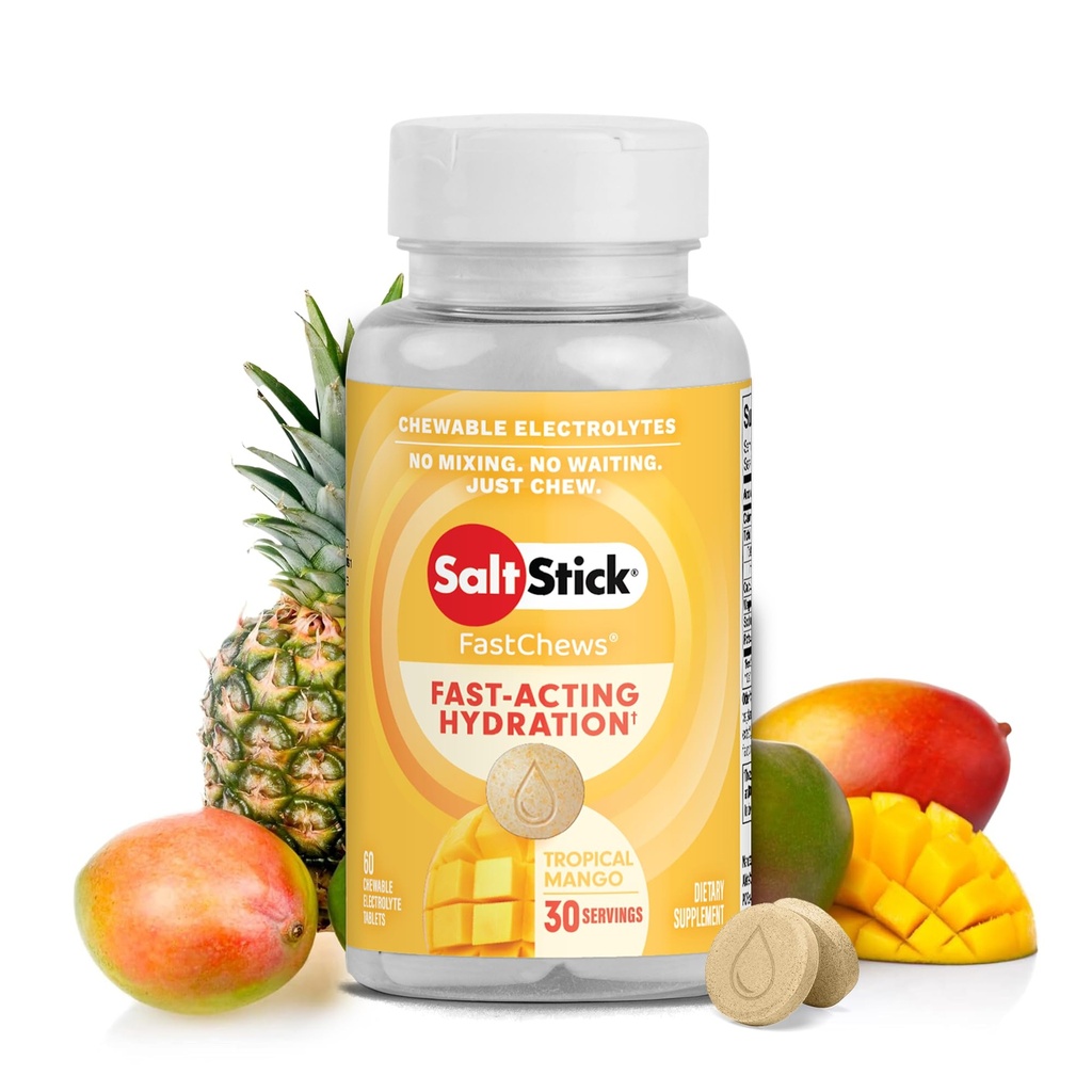 SaltStick Electrolyte FastChews - 60 מנגו טרופי Chewable אלקטרוליטים - טבליות מלח עבור ריצה ושיקום, אלקטרוליט צ'ws - 60 Count