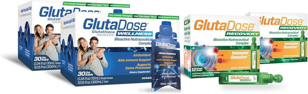 GlutaDose Ultimate Immune Boost & Daily Detox Bundle, Cold & Flu Recovery, Immune & Energy Support, Glutathione, Astragalus, Echinacea, Acerola (1000 מ"ג בלגן), Selenium, Zinc, נוזלים תוספת של תוספי נוזלים