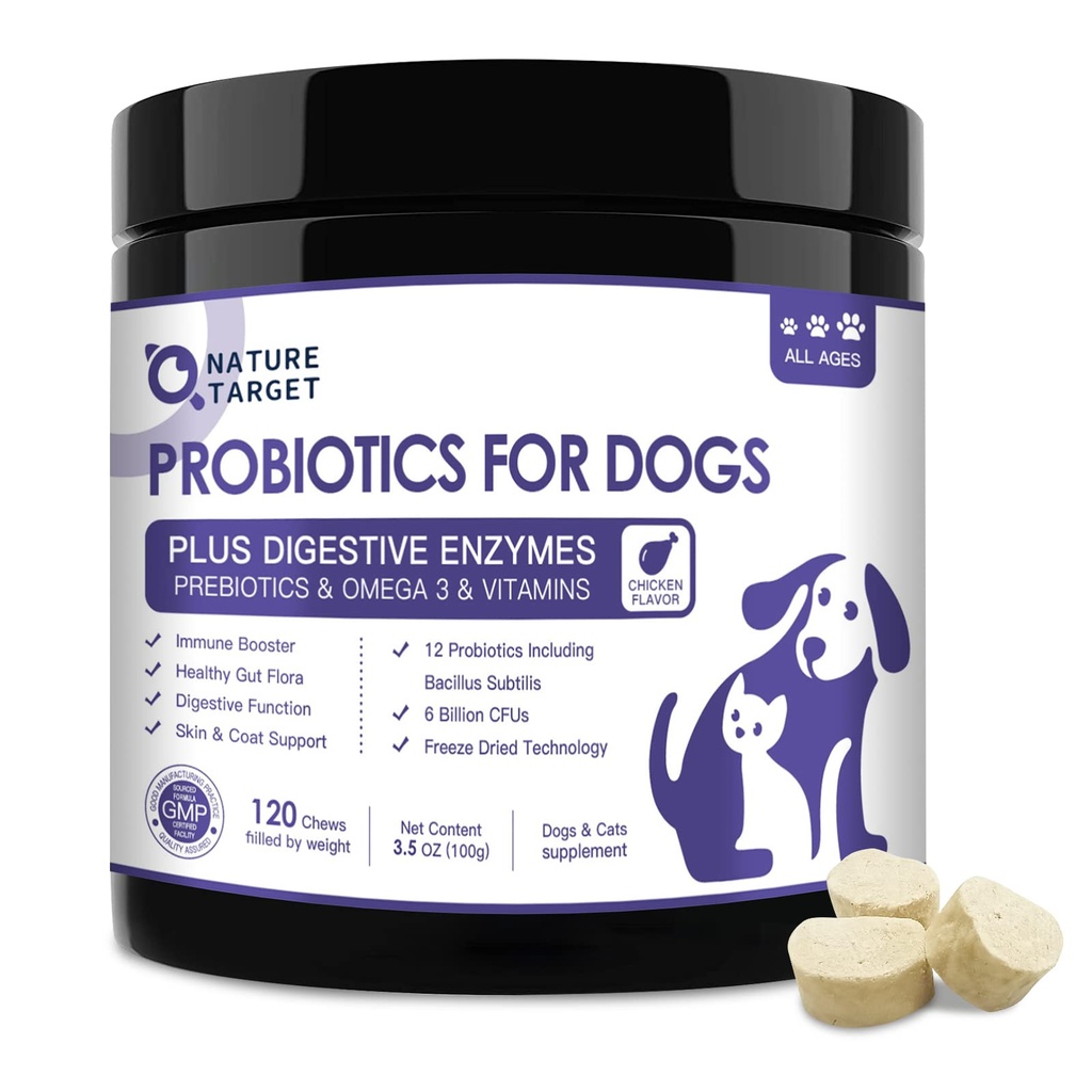 TRGET Probiotics for Dogs, 6 מיליארד Freeze Dried Dog Probiotics עם Prebiotics & Enzymes, ויטמינים, אומגה 3, עבור בריאות העיכול ו Gut, Itch Relief, להפחית את Diarrhea, 120 Bites Bites