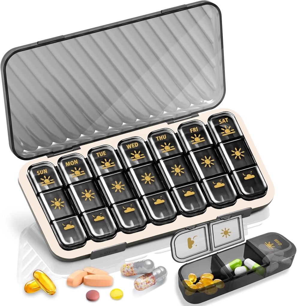 מארגנת גלולות שבועיות 3 פעמים ביום, GloDeals Large Travel Pill Box 7 Day, Am Pm Three Daily Pill Case with Removable Medicine Container, Pill Holder עבור ויטמין, שמן דגים, שחור
