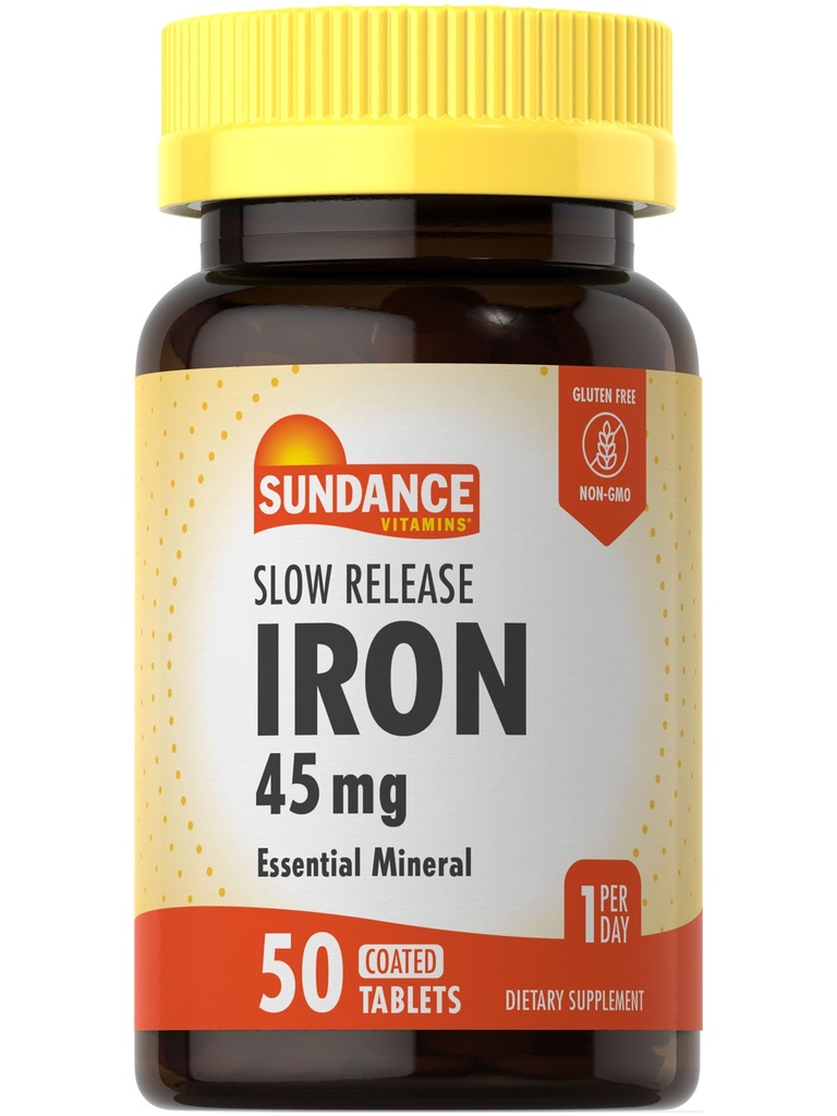Sundance Iron 45 מ"ג גלולות שחרור איטיות | 50 טבליות | Essential מינרלים תוסף | Vegetarian, non-GMO ו- Gluten Free Formula