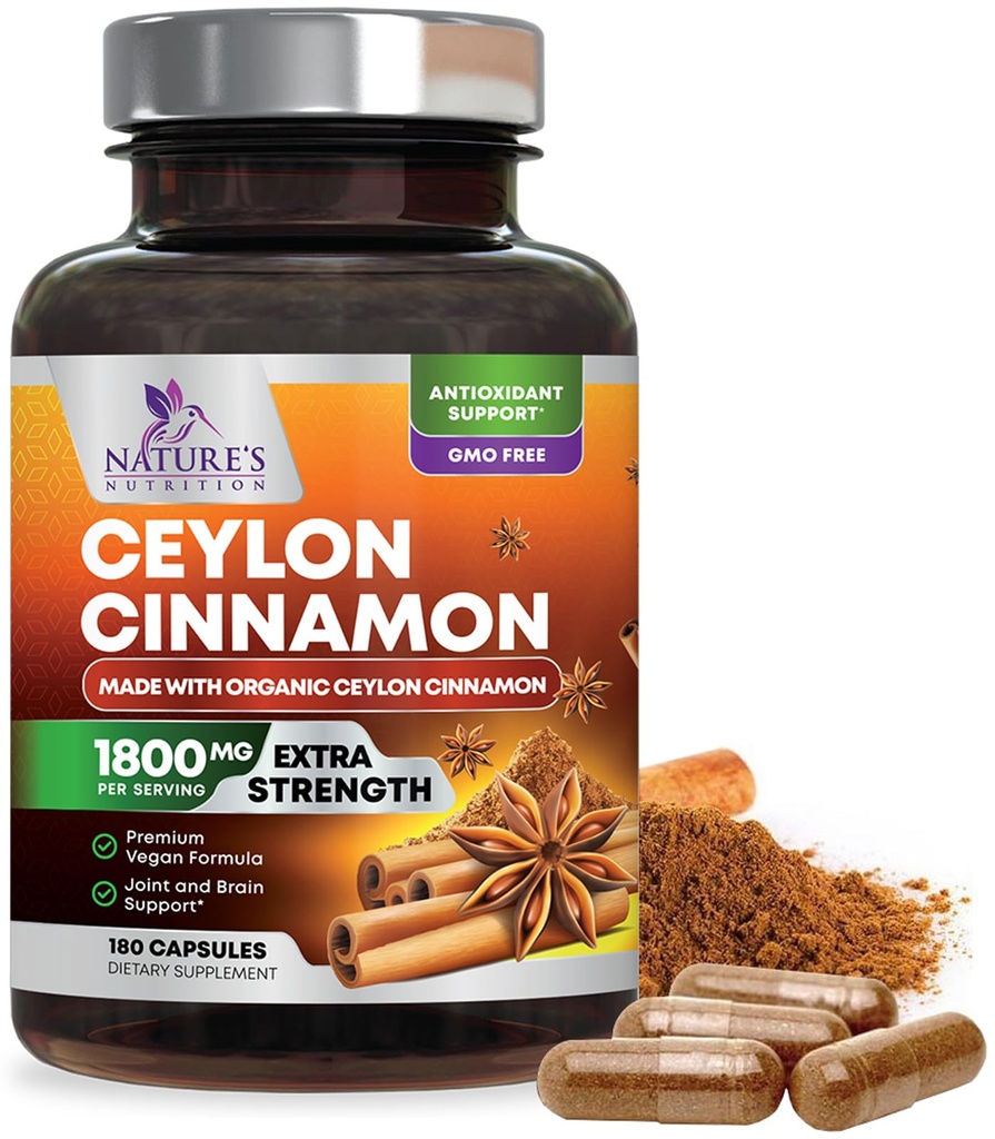 אורגני Ceylon Cinnamon תוסף 1800 מ"ג - מוסמך אורגני Ceylon Cinnamon אבקת גלולות - אנרגיה ותמיכה לב לנשים וגברים, בבקבוק בארה"ב, אנטי-חמצן, Gluten Free, non-GMO - 180 קפסולות