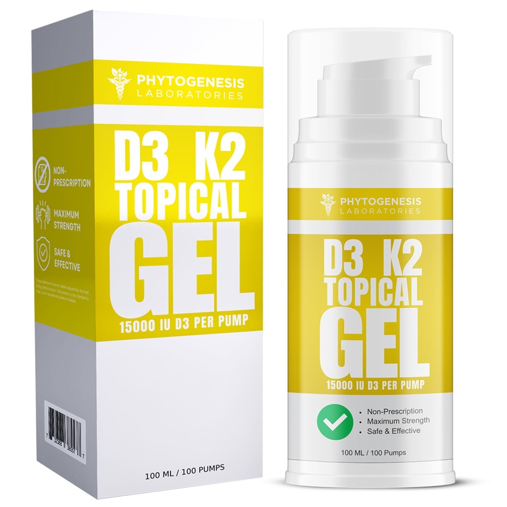 ויטמין D3 K2 כוח מקסימלי Topical Gel - 15000 + IU Per Pump - ויטמין השמש - תומך עצמות ובריאות משותפת, תמיכה במזל - חודש אחד