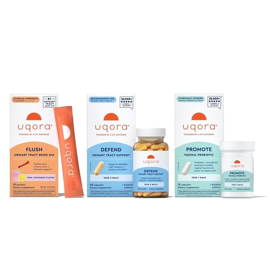 Uqora משטר שלם עם Flush, Defend & Promote - תמיכה Urinary Tract עם D-Mannose, ויטמין C, ייצור תה ירוק, Probiotics & More - תמיכה מקיפה בריאות עודף * - 3 חלק Bundle