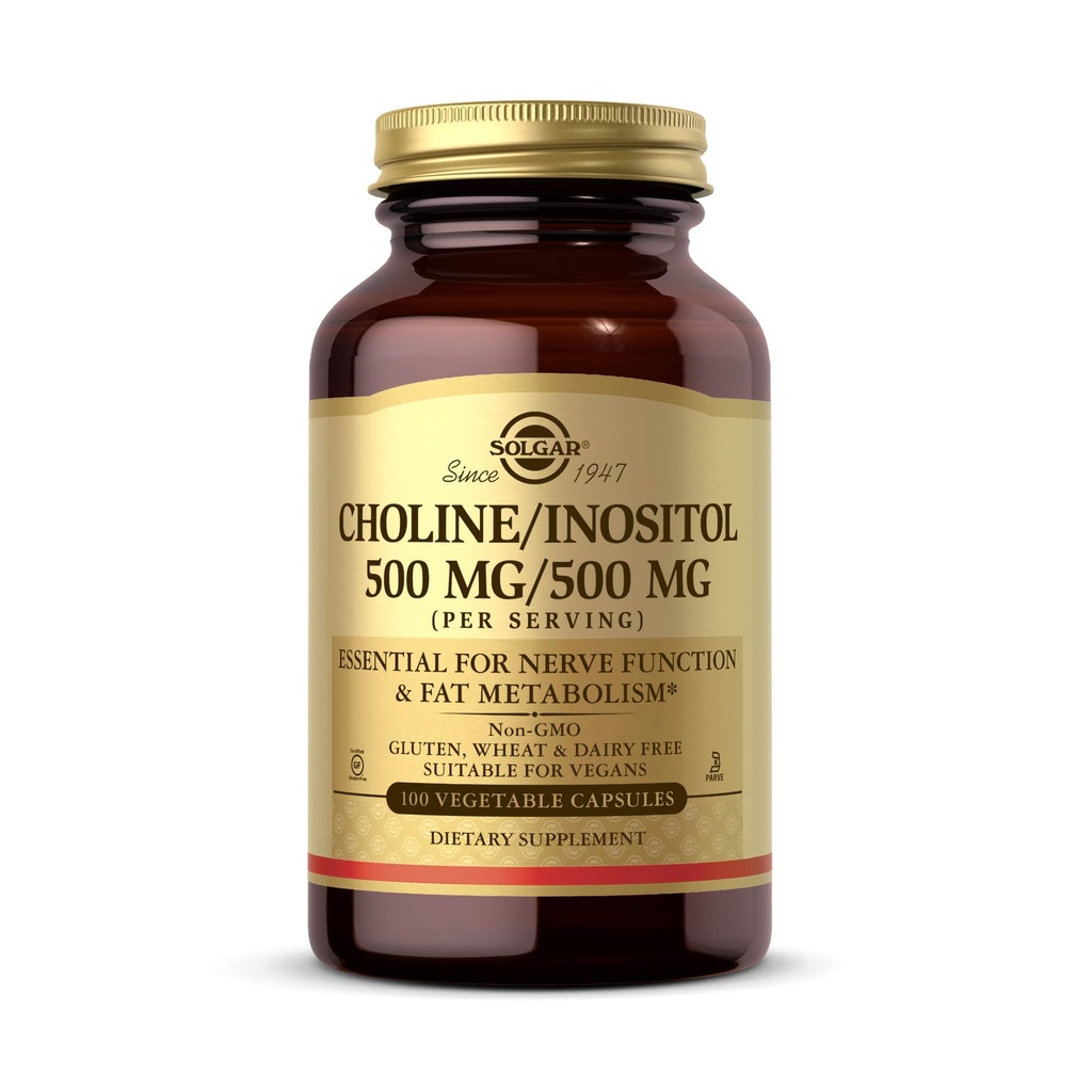 Solgar Choline/Inositol 500 mg/500 mg, 100 Vegetable Capsules - Energy Metabolism, Liver Health, Essential for Brain & Nerve Function - Non-GMO, Vegan, Kosher - 50 Servings