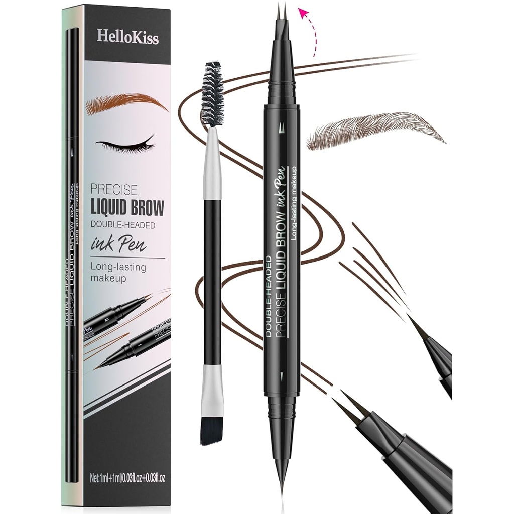 9708 2-Tip Double-ended Eyebrow Pen, 2in-1, עם Eyebrow Brush. חסימת מים והוכחה להזעה, Precise Liquid Brow, 5 גוונים, Long-Lasting (3#Dark Brown)