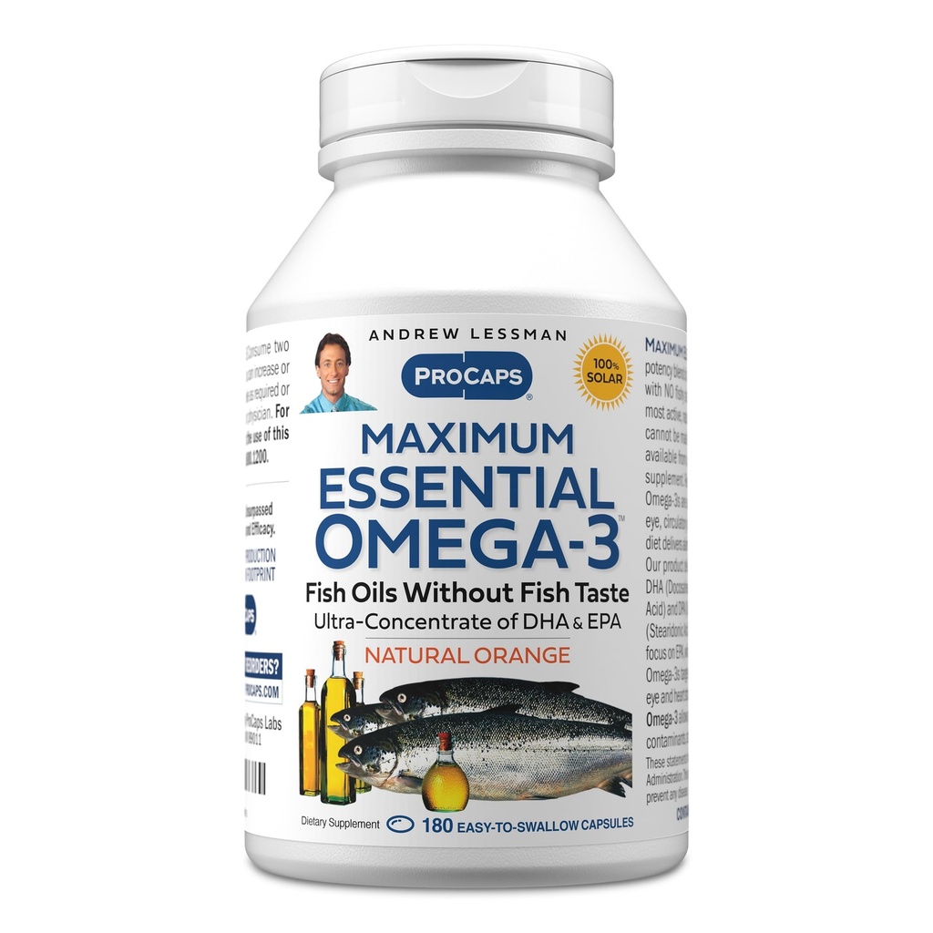 ANDREW LESSMAN מקסימום אומגה 3 כתום - 180 Softgels - Ultra-Pure, שמן אומגה 3 גבוה. DHA גבוה, No Stomach Upset, No Contaminants, No Mercury. קל ל-Swallow Softgels