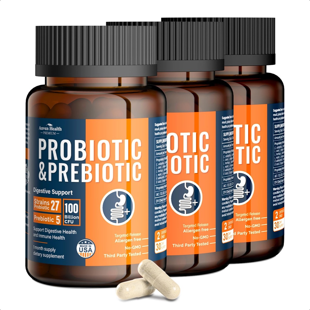 100 Billion Probiotics for Men and Women 27 Strains 5 Organic Prebiotics for Gut Digestive & Immune Health, Supports Diarrhea Gas Bloating, Non-GMO, Zero Fillers – Made in USA丨180 Caps