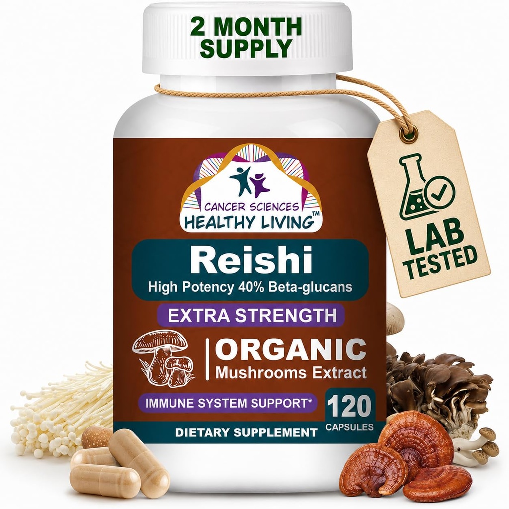 CanceR SCIENCES Reishi Wellness Mushrooms, USDA Certified Organic Mushrooms Extract, תוספת כוח 1,500 מ"ג, High Potency 40% Beta-Glucans, Immune Support, Anti-aging, 120 קפסולות