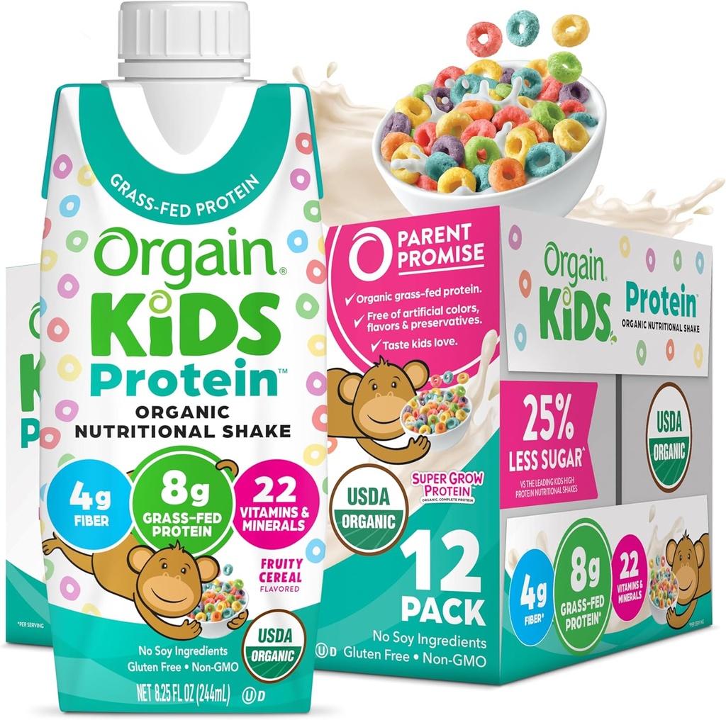 Orgain אורגני ילדים חלבון שקד, פירותי Cereal - ילדים חטיפים עם חלבון חלב 8g, 22 ויטמינים ומינרלים, פירות וירקות, Gluten Free, Soy Free, Non-GMO, 8.25 Fl Oz (Pack של 12)