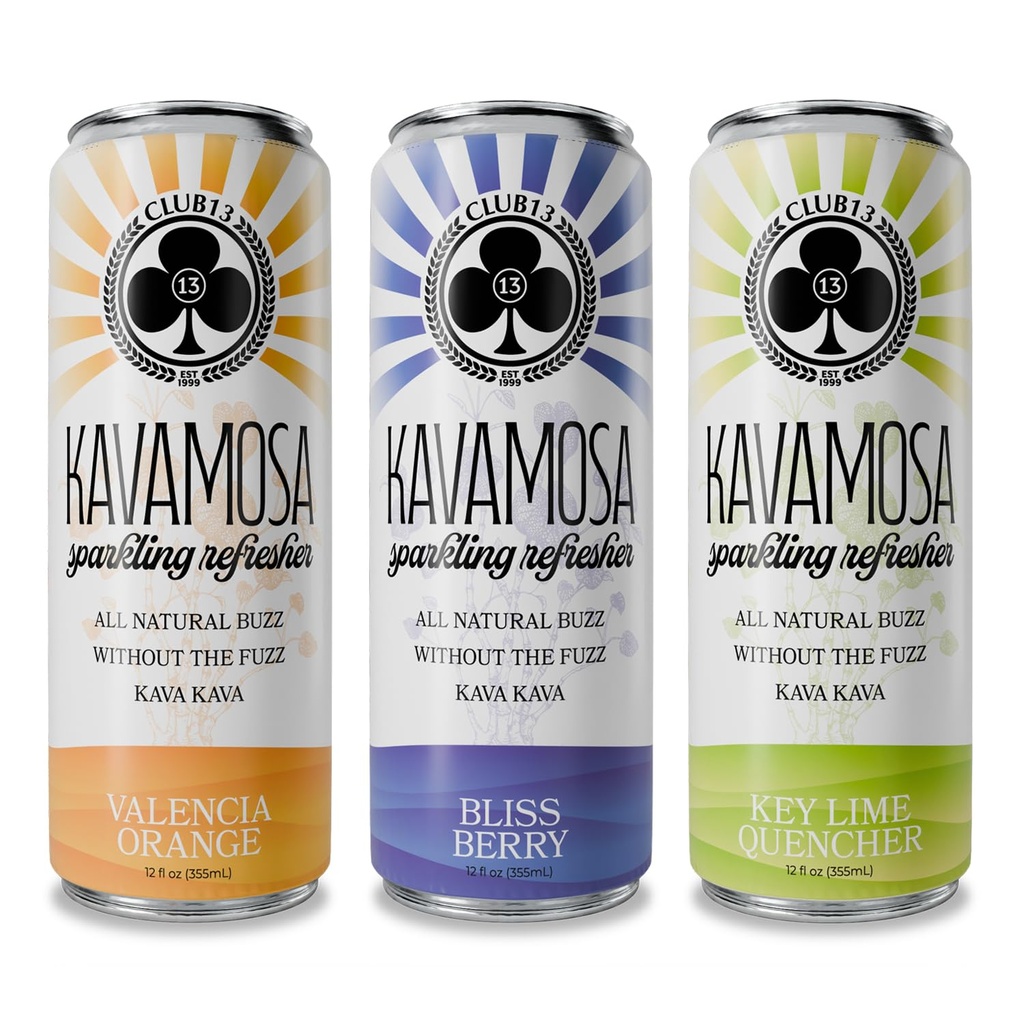 CLUB13 Kavamosa Kava Seltzer | Classic Variety Pack | 12 Pack | Valencia Orange, Berry Bliss & Key Lime | 500mg Noble Kava | Alcohol-Free