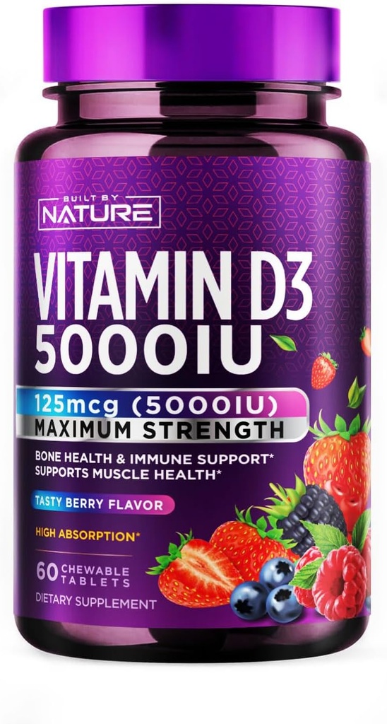 נבנה על ידי Nature Chewable ויטמין D3 5000 IU - ויטמין D תוסף צ'יפס - סוכר חינם וטבעי ברי פלפור - 60 טבליות