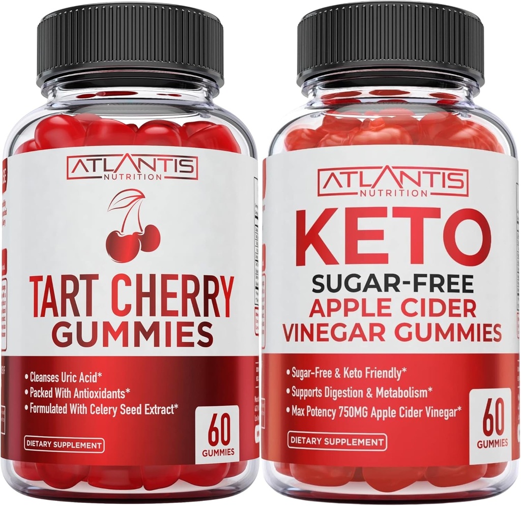 Atlantis Nutrition Tart Cherry 60 חניכיים + סוכר חינם Keto Apple Cider Vinegar 60mies