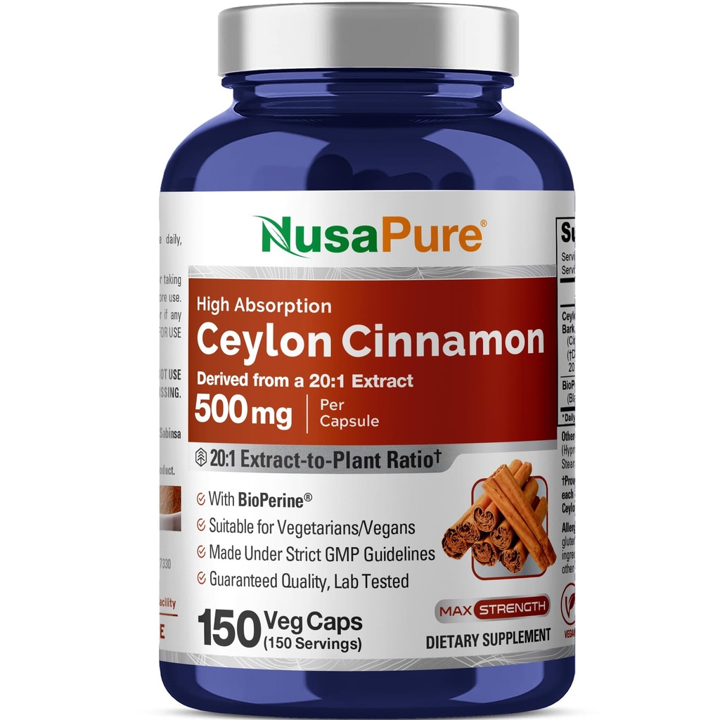 NusaPure Ceylon Cinnamon20:1 לחלץ, 500 מ"ג שווה 10,000 מ"ג Per Caps | 150 Veggie כמוסות | Non-GMO, עם bioperine