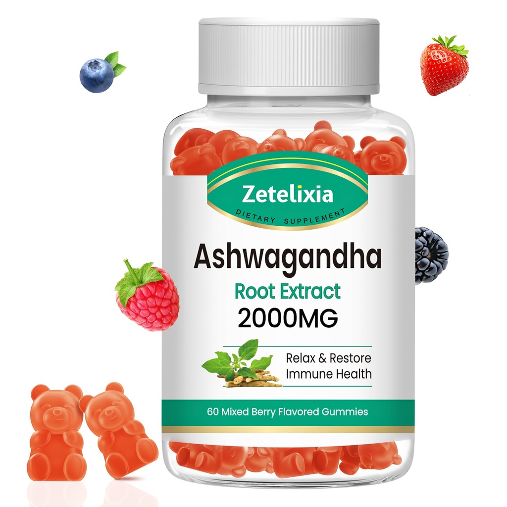 Ashwagandha Gummies, תוספת כוח ויטמין D3, אורגני Ashwa Root תוספי מזון עבור Calm Moodlaxation & Immune תמיכה, מעורב ברי טבעוני סוכר חינם צ 'יפס 60 הרוזן