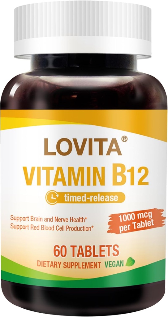 Lovita ויטמין B12 1000 mcg (B12 ויטמינים כמו Cyanocobalamin), Timed לשחרר B12, טבעוני-ידידותי, תומך מערכת Nervous, 60 טבליות צמחוני (2 חודשים אספקה)