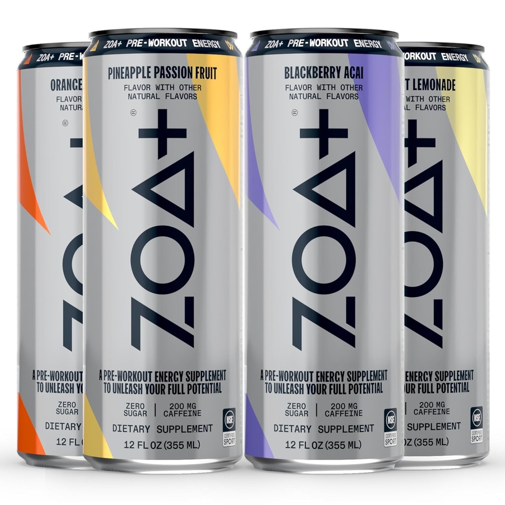 ZOA+ Pre-Workout Energy Drink, Variety Bundle - NSF מוסמך לספורט עם Zero Sugar, Nitric Oxide Support, B & D ויטמינים, Amino Acids ו אלקטרוליטס - 48 חבילות
