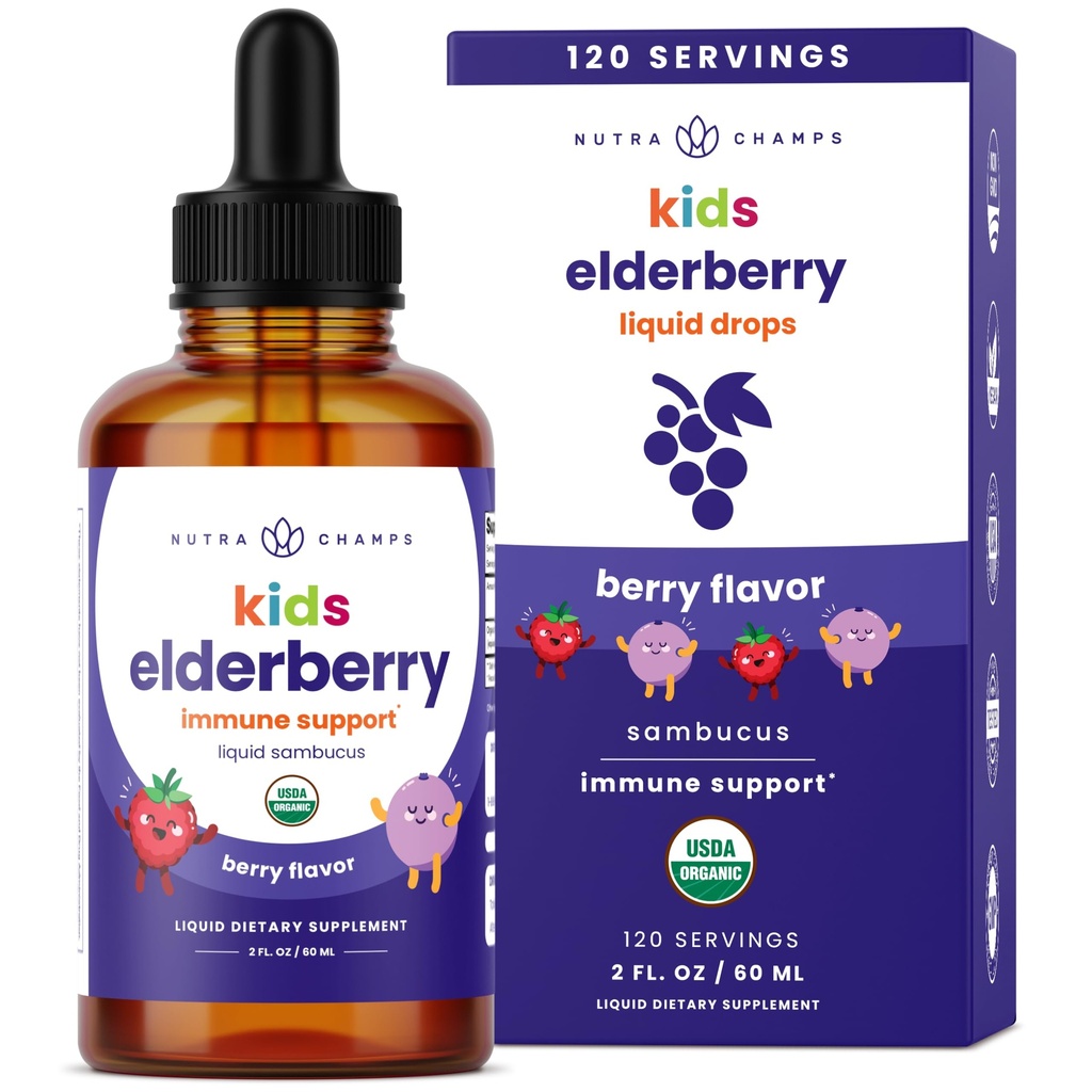 NutraChamps Black Elderberry for Kids Liquid Drops, 10:1 לחלץ את סמבוקוס Elderberry Srup עבור ילדים, סוכר חינם זקני טיפות ברי פלאמור, תמיכה במזל, 4 חודשים אספקה