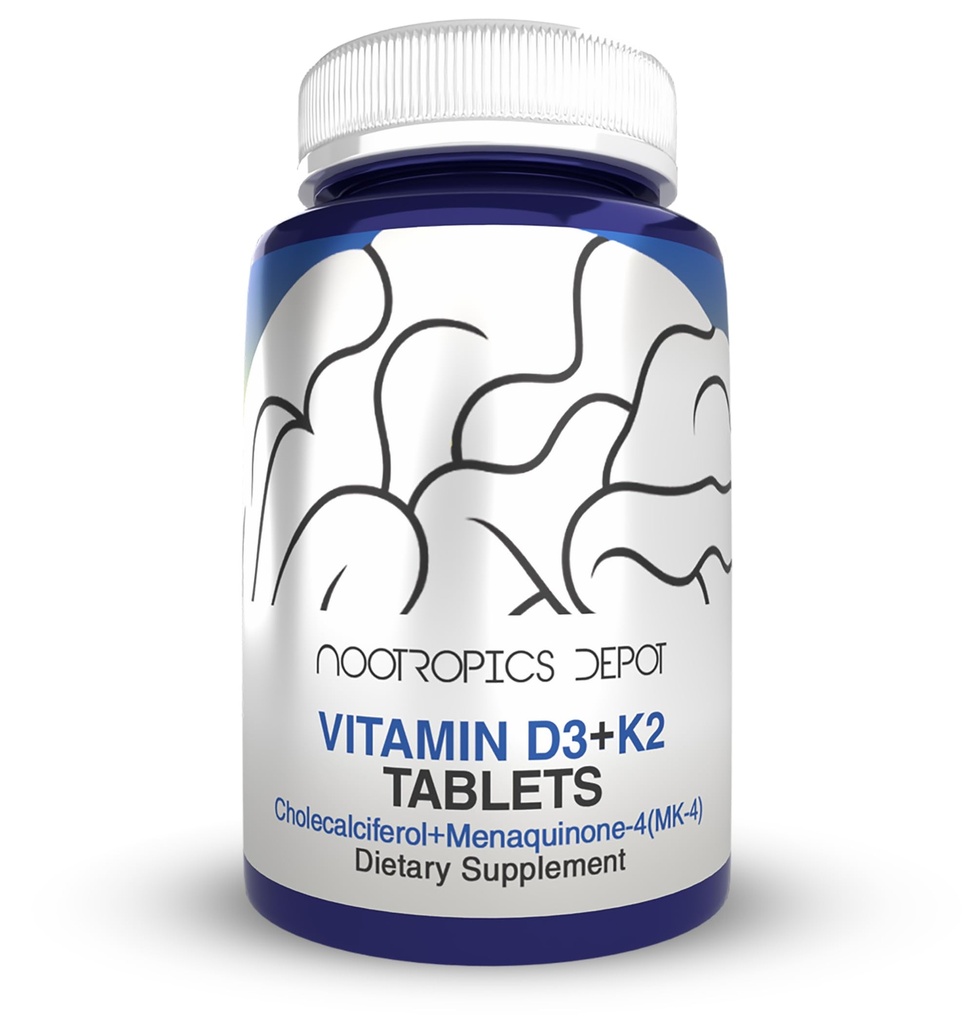 nootropics Depot ויטמין D3 + K2 עם ויטמין C Tablet | 60 Count | Cholecalciferol + Menaquinone-4 (MK-4) | Mood, & Bone Health | בריאות בריאה Calcium Absorption
