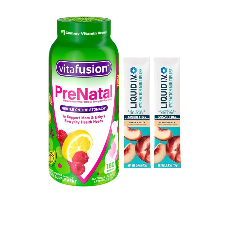 Vitafusion Prenatal Multivitamins with Folate and 50mg DHA,Dietary Supplement for Women- Natural Raspberry and Lemonade Flavor- 180 Gummies - Bonus 2 Sugar-Free White Peach Hydration Sticks