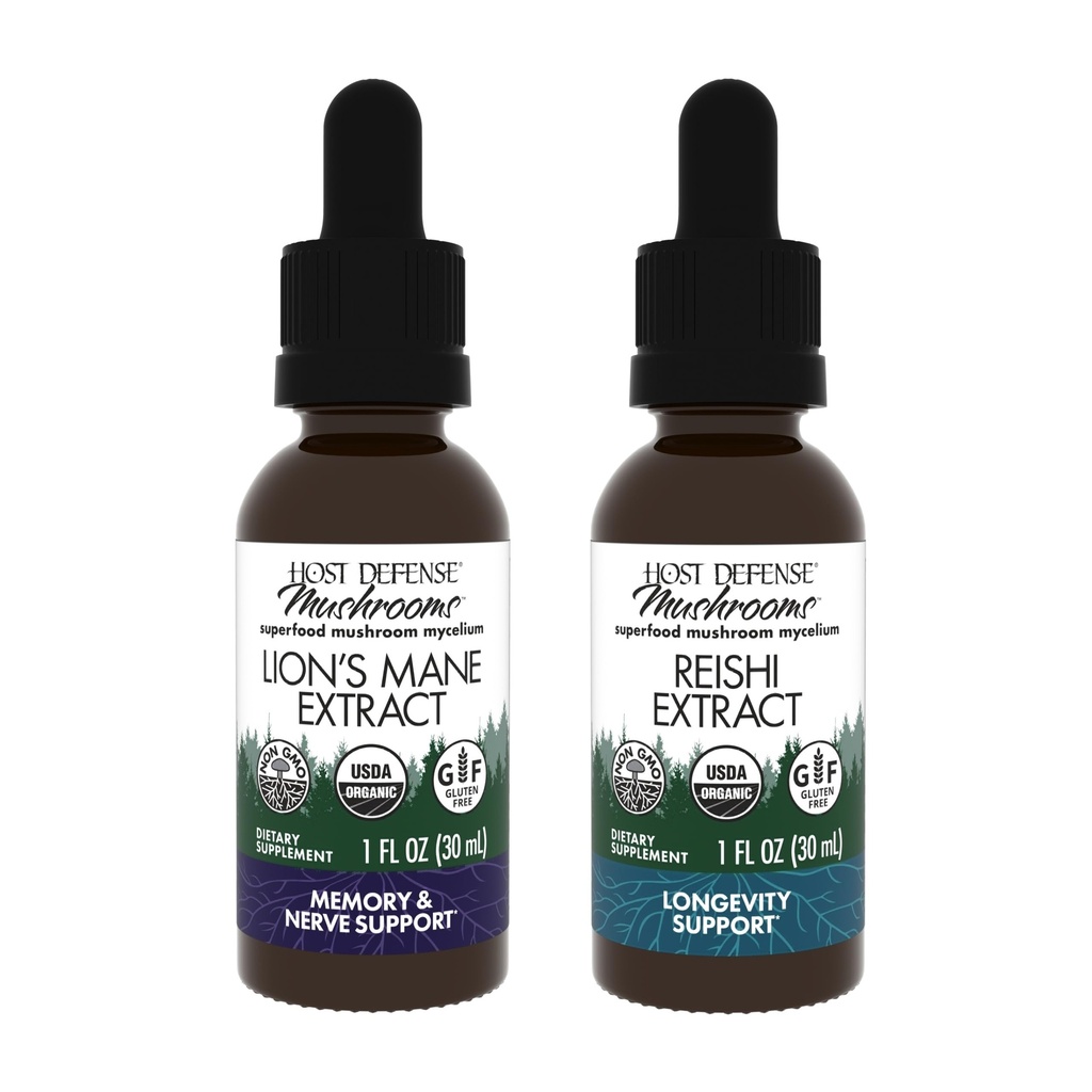 Host Defense Bundle with Lion's Mane Extract, 1 fl oz & Reishi Extract, 1 floz - תמיכה בבריאות המוח, זיכרון והתמקדות - תמיכה ב- Heart & Immune Health