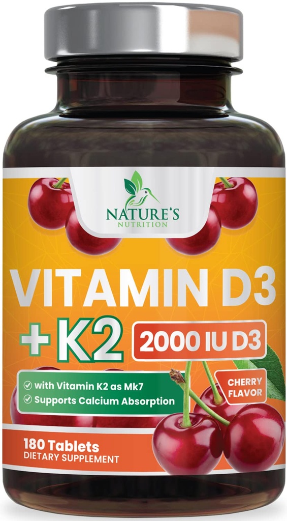 ויטמין D3 K2 2000 IU Plus עם K2 (MK-7) 75 mcg - ויטמינים D & K מורכב תוסף עבור העצם, שיניים, שרירים, Calcium Absorption, תומך Immune & Heart Health, non-GMO Chewable Formula - 180 טבליות
