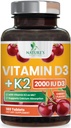 ויטמין D3 K2 2000 IU Plus עם K2 (MK-7) 75 mcg - ויטמינים D & K מורכב תוסף עבור העצם, שיניים, שרירים, Calcium Absorption, תומך Immune & Heart Health, non-GMO Chewable Formula - 180 טבליות