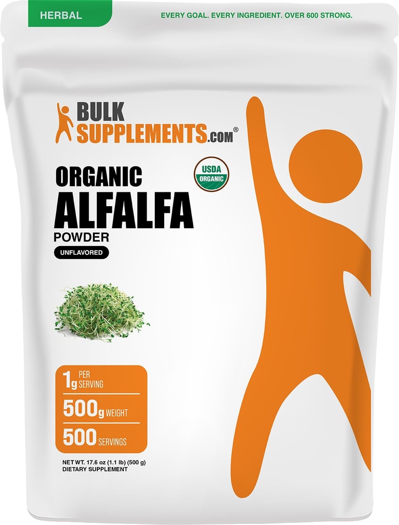 BulkSupplements.com אורגני אלפאפללה צמחית - אלפאאלףה תוספת, אבקת סופר ירוק - טבעוני וגלוט חינם, 5g לכל משרת, 500g (1.1 lbs) (Pack of 1)