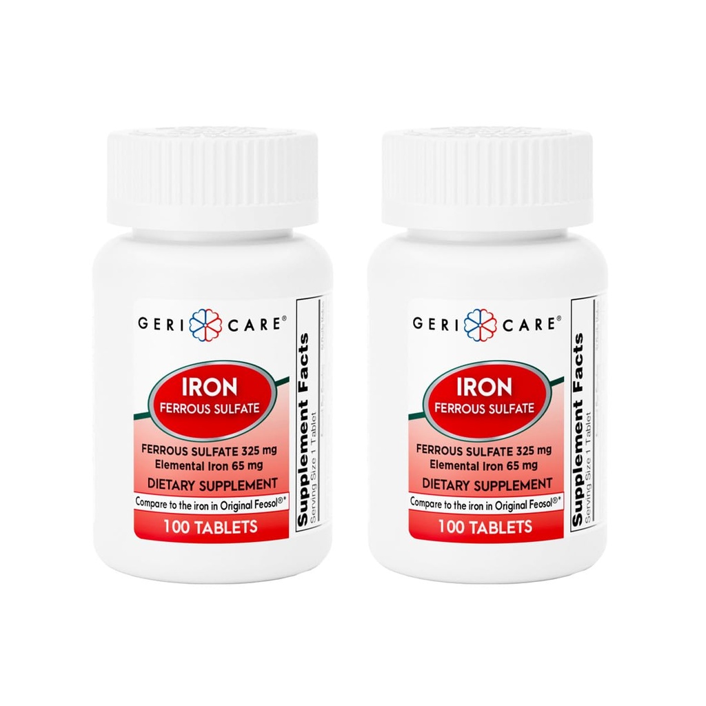 GeriCare Ferrous Sulfate Tablet 325 מ"ג, Elemental Iron 65 מ"ג תוספת ברזל עתיר שומן | תוספי תזונה 100 Count.