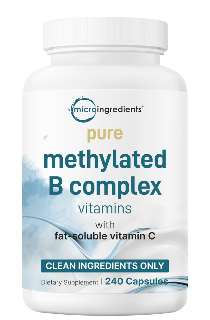 Micro Ingredients Pure Methylated B Complex, 240 קפסולות | 11-in-1 פורמולה עם B12, Thiamin, Folate, Inositol, Choline & ויטמין C | תמיכה באנרגיה, Mood & Nerve Health | Filler Free, non-GMOMO