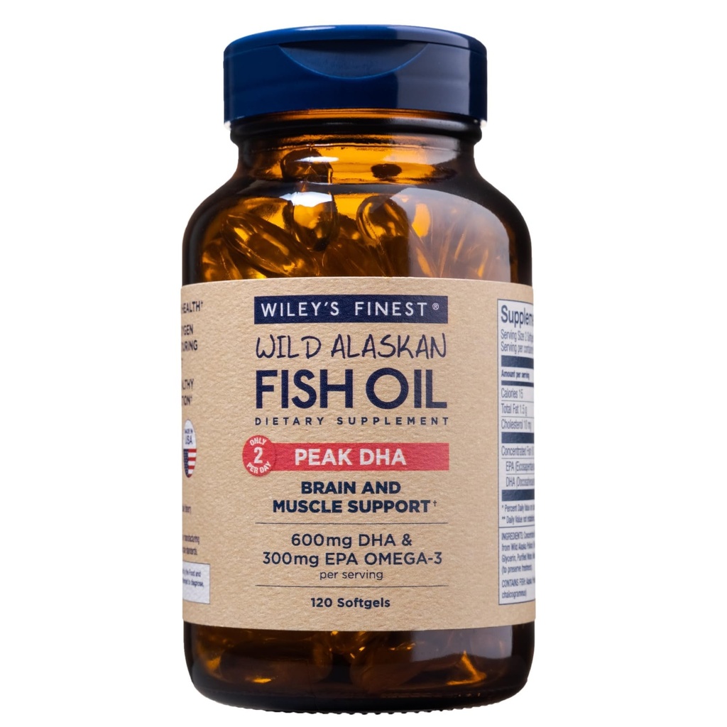 שמן הדגים הפרוע של Wiley אלסקה Peak DHA - 900 מ"ג EPA ו DHA אומגה 3s - 120 Softgels (60 משרתים)
