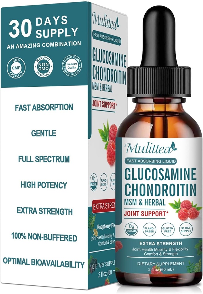 Glucosamine Chondroitin MSM נוזל טיפות-w / אלדרברי, Boswelia & Hyaluronic Acid-Extra חיזוק תוספת תמיכה משותפת עבור ניידות, גמישות ועצמות, High Absorption, 60 מ"ל (2 fl oz)