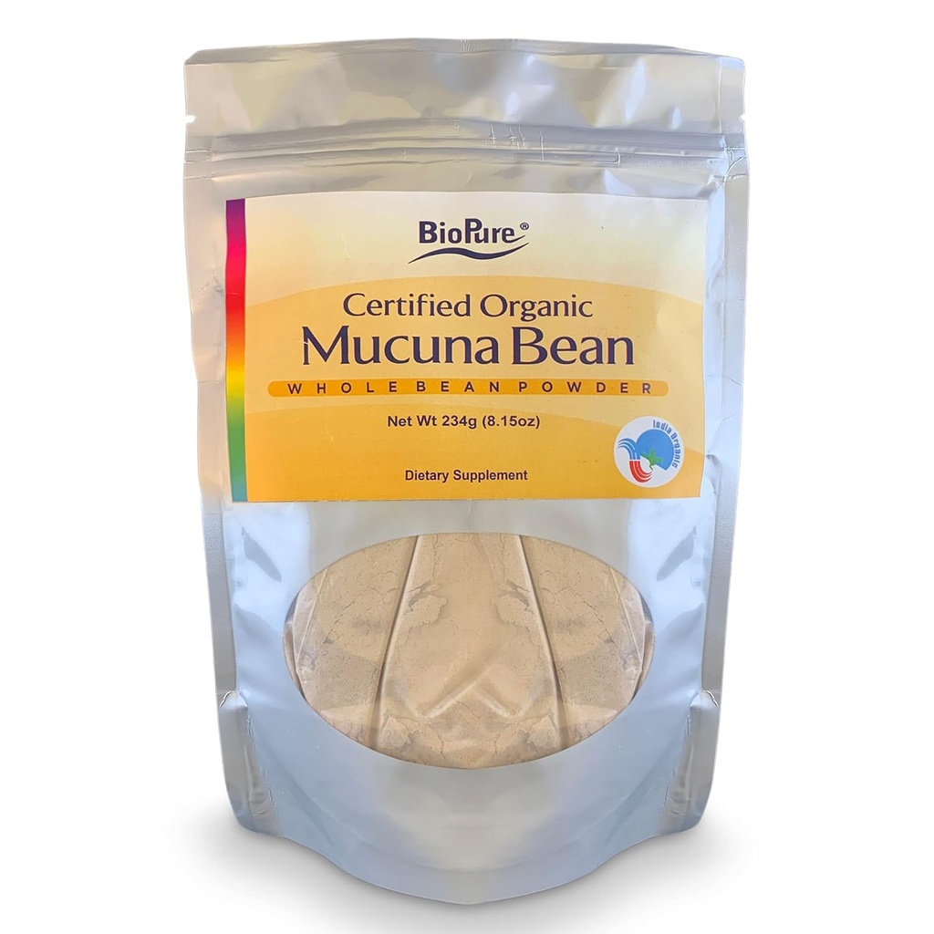 BioPure Certified Organic Mucuna Bean אבקה - תוסף nootropic & Fitogen טבעי עם Dopamine & Serotonin כדי לתמוך בבריאות המוח, תגובת הלחץ של הגוף, ו-Allual Wellness - 8.15 oz
