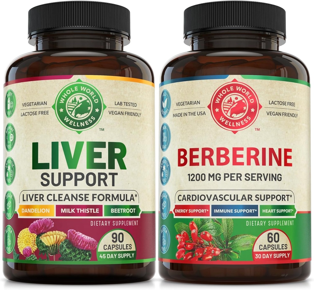 Liverנקה Detox תיקון פורמולה ו- Premium Berberine Bundle (בקבוק אחד). תמיכה ב- Liver Health, Cardiovascular Health, Energy Boost, Metabolic Function. ארה"ב עשתה.