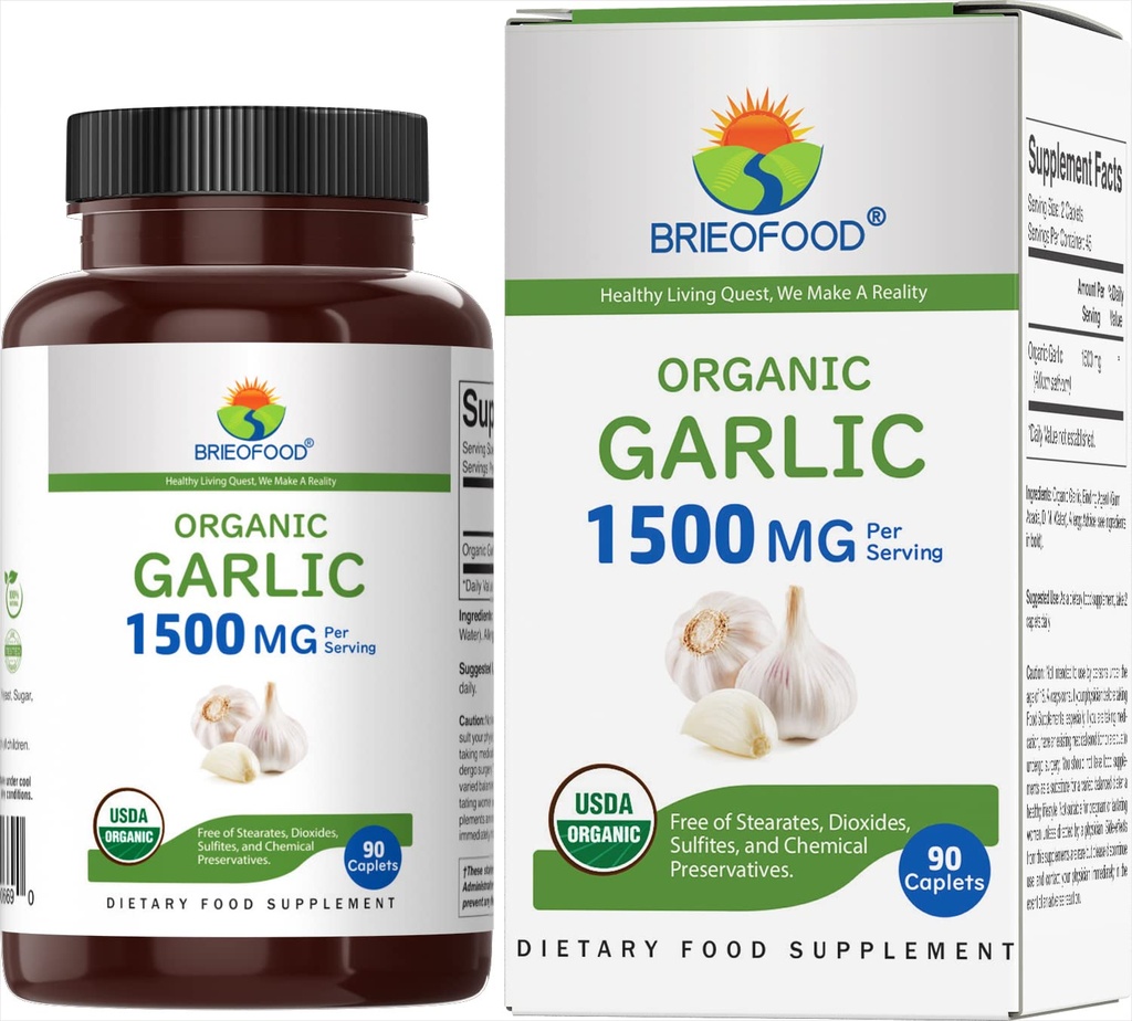 Brieofood אורגני Garlic 1500 מ"ג, 45 משרתים, Vegetarian, Gluten Free, 90 טבליות צמחוניות