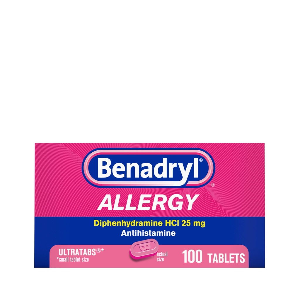Benadryl Ultratabs Allergy Medicine, 25 מ"ג Diphenhydramine HCl Antihistamine טבליות עבור Cold & Allergy הקלה של סימפטומים כמו Sneezing, Runny Nose, Itchy Eyes & גרון, Hay Fever, 100 Count Tablets הלוחות הרוזן של סימפטומים כמו Sneezing, Runny Nose, Itchy Eyes & גרון, Hay Fever, 100 Count Tablet