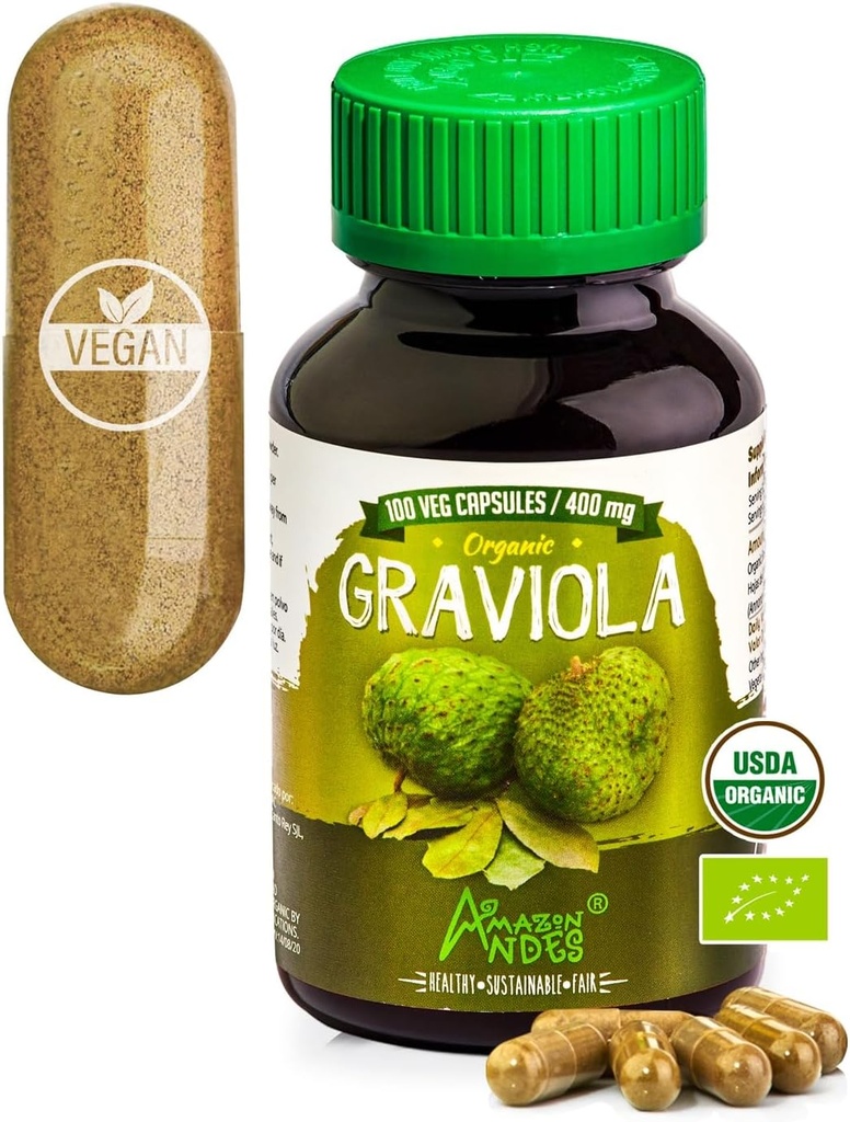 Andes Graviola כמוסות - עשיר ויטמין C & סיבים - Immune System Stimulator - פונקציונלי תאים בריאים - טבעוני, non GMO, Gluten-free, Fairtrade מוסמך - 100 Soursop Pills (400 מ"ג)