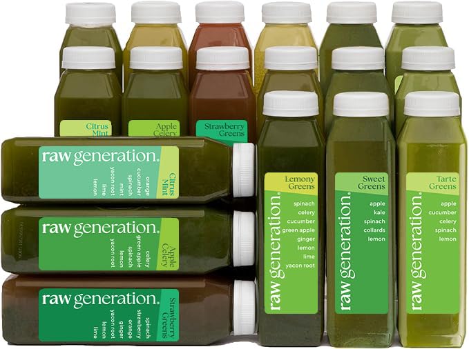 Raw Generation Deep Detox Cleanse - 3 ימים ג'וש עם 60% פחות סוכר לירידה במשקל, אנרגיה, Clearer Skin & Gut Health - 18 צ'ורופיל-Packed Juices to Detox Your Body and איפוס הדיאטה שלך (Assortment May Vary)