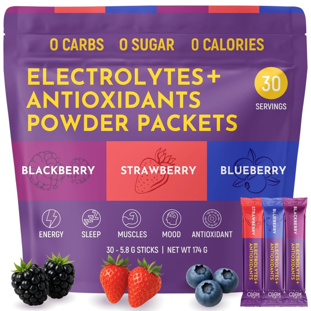 Keto Vitals ברי אלקטרוליט אבקת Packets No Sugar | Keto Friendly Electrolytes Travel Packets | Variety Individual Stickpacks | משקאות אנרגיה לערבב | Zero Calorie | Zero Carb (Berry Assorted, 30)
