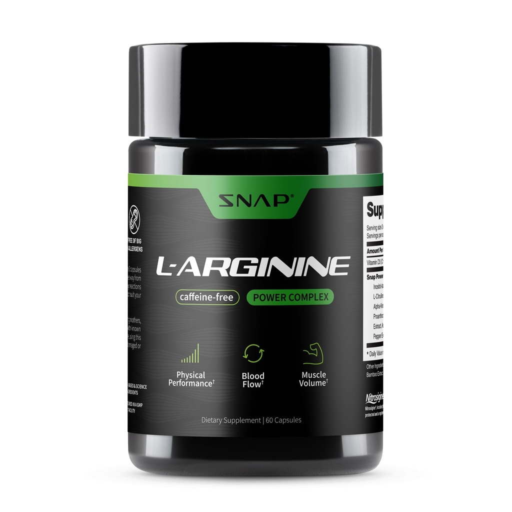 תוספי Snap תוספי L Arginine - תמיכה באנרגיה טבעית, הגדלת זרימת הדם וצמיחה שריר ובריאות Cardio, 60 קפסולות צמחוניות (30 משרתים, 1 חודש אספקה)