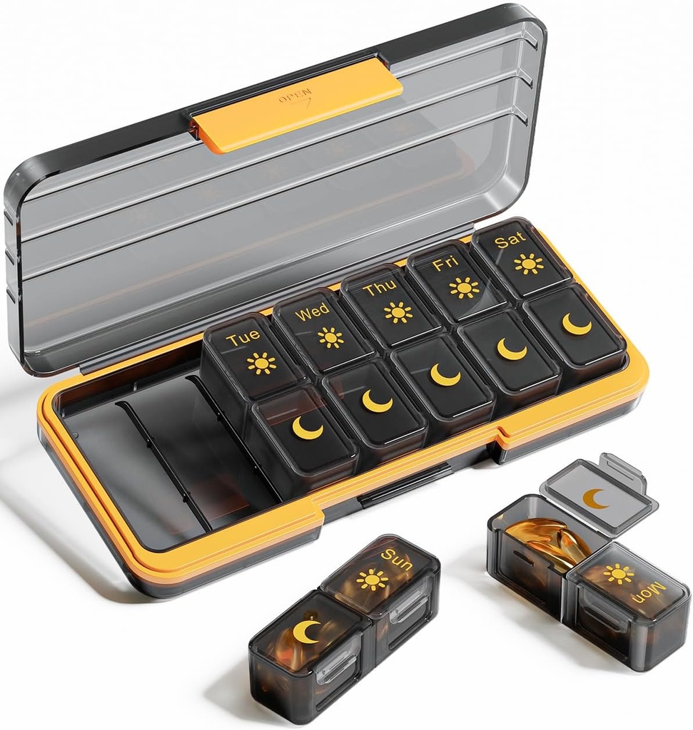 AMPM Pill מארגנת 2 פעמים ביום, 7 Day Pill Box Weekly Pill Organer Travel with Container, Portable Daily Medicine Planner Dispenser Case for ויטמין, שמן דגים, תוספים (BlackGold)