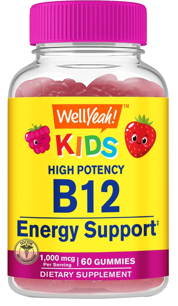 ובכן, ויטמין B12 חניכיים לילדים - Boost Energy, שיפור תפקוד המוח, וחיזוק מערכת החיסון - non-GMO, Gluten-Free - Great Tasting ברי פלאמור - Easy to Chew - 60 מסטיק