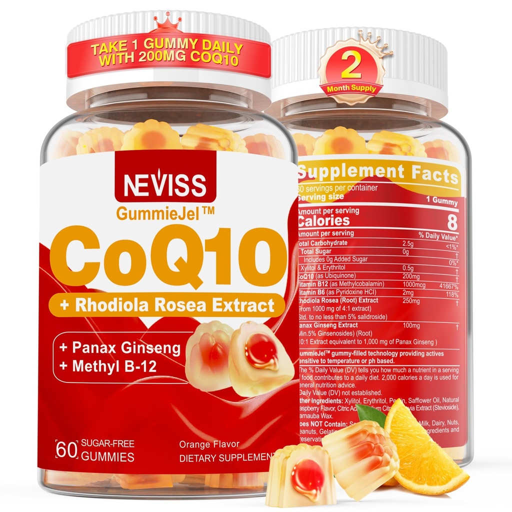 סוכר חינם CoQ10-200 מ"ג 400 מ"ג מלא חניכיים - 2 חודשים אספקה - w / ויטמין B12 1000mcg, Rhodiola Rosea & Panax גינזנג, B6, Coenzyme Q10 תוספת עבור Hear-t, אנרגיה, Antioxidant, Ultra Absorptionant, Ultra Absorption.
