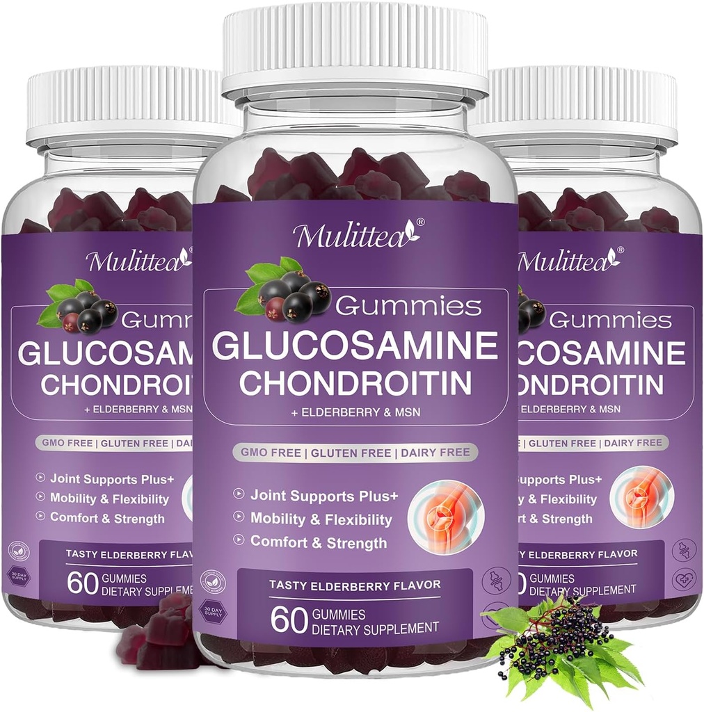 Moittea Glucosamine Chondroitin Gummies - תוספת תמיכה משותפת תוספת כוח עם MSM & Elderberry עבור תמיכה טבעית משותפת, אנטי-חמצן תמיכה למבוגרים, גברים ונשים-(3 Pack)