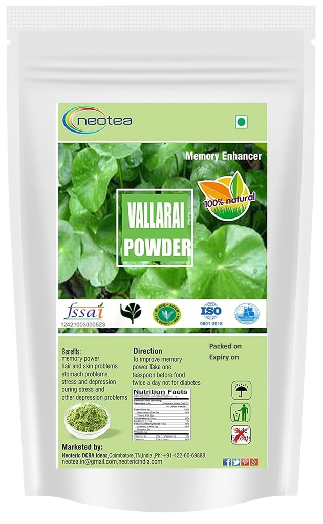 Neotea Gotu Kola (Vallarai) Powder, Premium Natural Herbal Leaf Powder, Finely Ground, Vegan, Non-GMO, No Artificial Colors or Preservatives, Traditional Botanical Ingredient for Daily Wellness 100 Gm