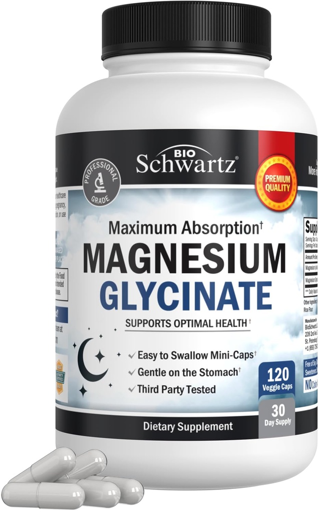 BioSchwartz Magnesium Glycinate 500 מ"ג קפסולות (120 מיני Caps) מקסימום Absorption Magnesium תוסף לשרירים בריאים עצביים הלב Mood ותמיכה בשינה (Vegan, Gluten-Free, non-GMO)