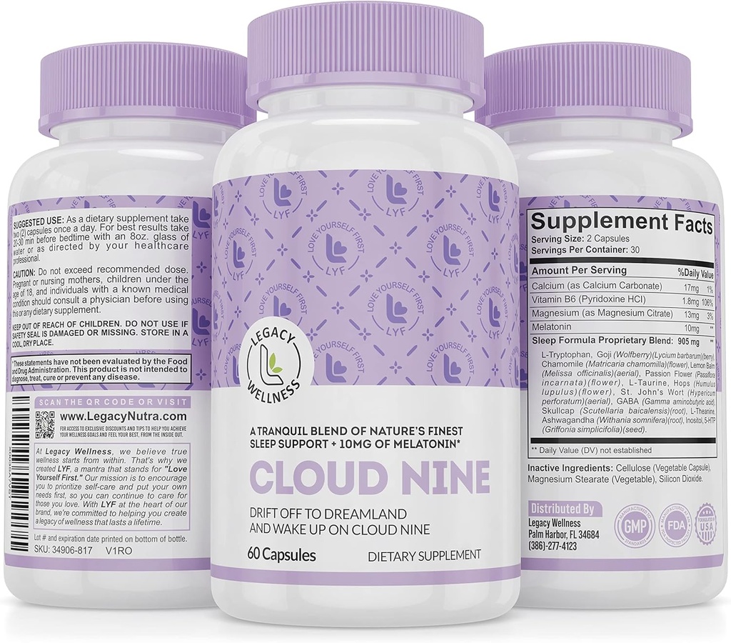 Cloud 9 - All Natural Sleep Aid - מרגיע ויטמין & Herbal Formula - 10mg Melatonin Calcium Magnisium L-theanine 5-HTP GABA St. John's Wort Ashwagandha Chamomile & יותר 60 קפסולות טבעוניות