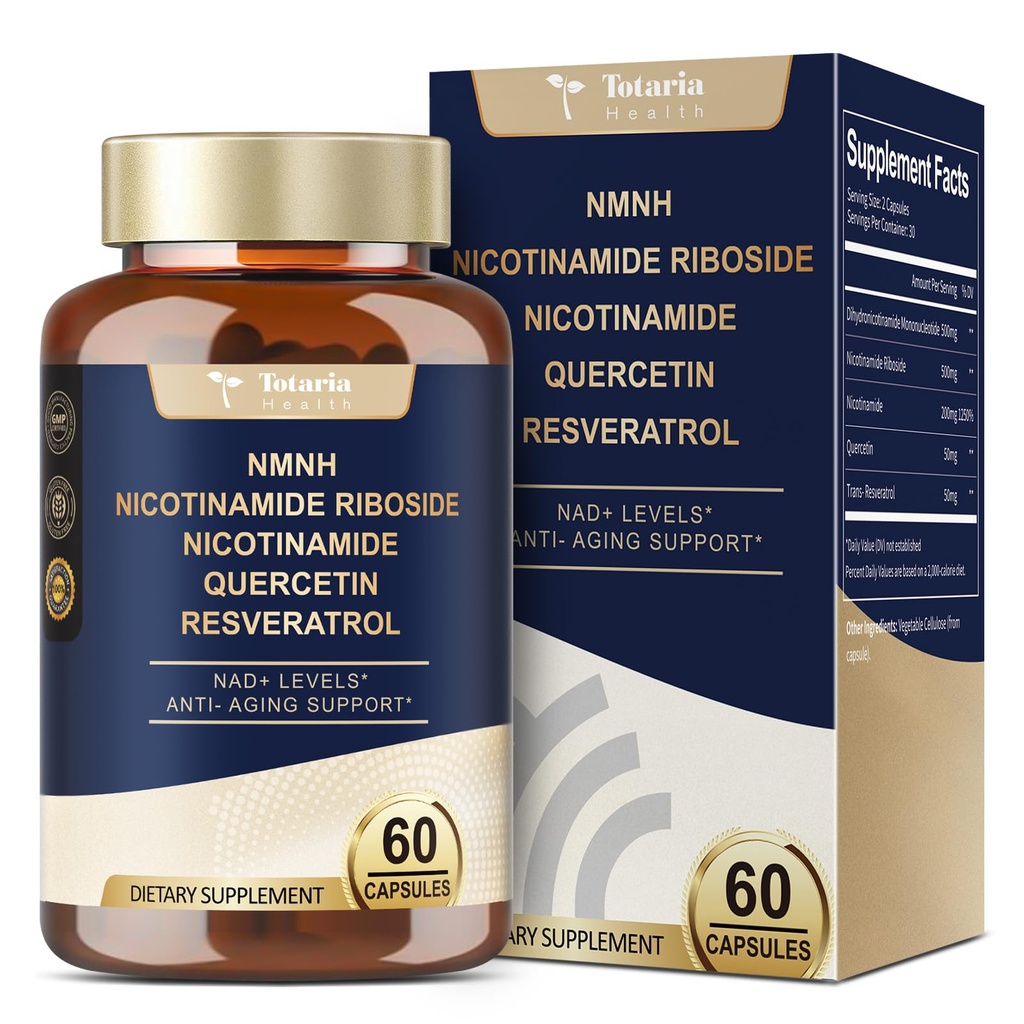 Totaria NMNH (NMN Alternative Supplement) (Dihydronicotinamide Mononucleotide) Ultra Strength, NAD+ Support w/Resveratrol & Quercetin, Ultra Absorption for Anti-Aging, Vegan, 60 Counts