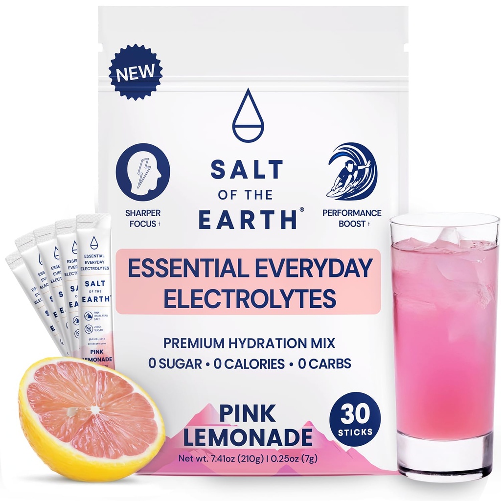 מלח הארץ Premium Zero-Sugar Electrolyte - מיוצר עם מלח ההימלאיה ורוד - אבקת הידרה Packets | Premium Ingredients | Keto & Paleo Friendly | 30 Sticks, Pink Lemonadeade