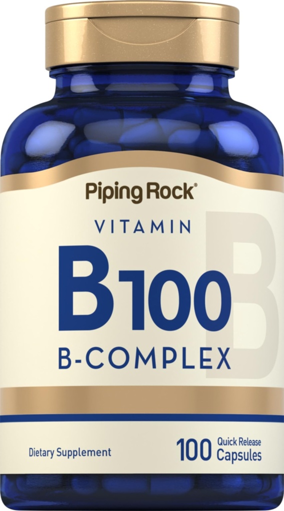 Piping Rock ויטמין B-100 Complex | 100 קפסולות | ויטמינים B12, B1, B2, B6 | Non-GMO, Gluten Free Supplement